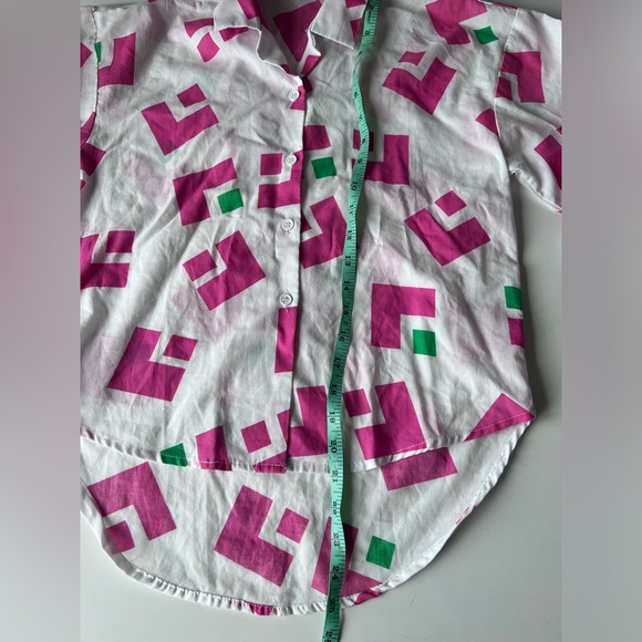 Vintage blouse short sleeves white with pink and green geometric patterns - Picture 3 of 5
